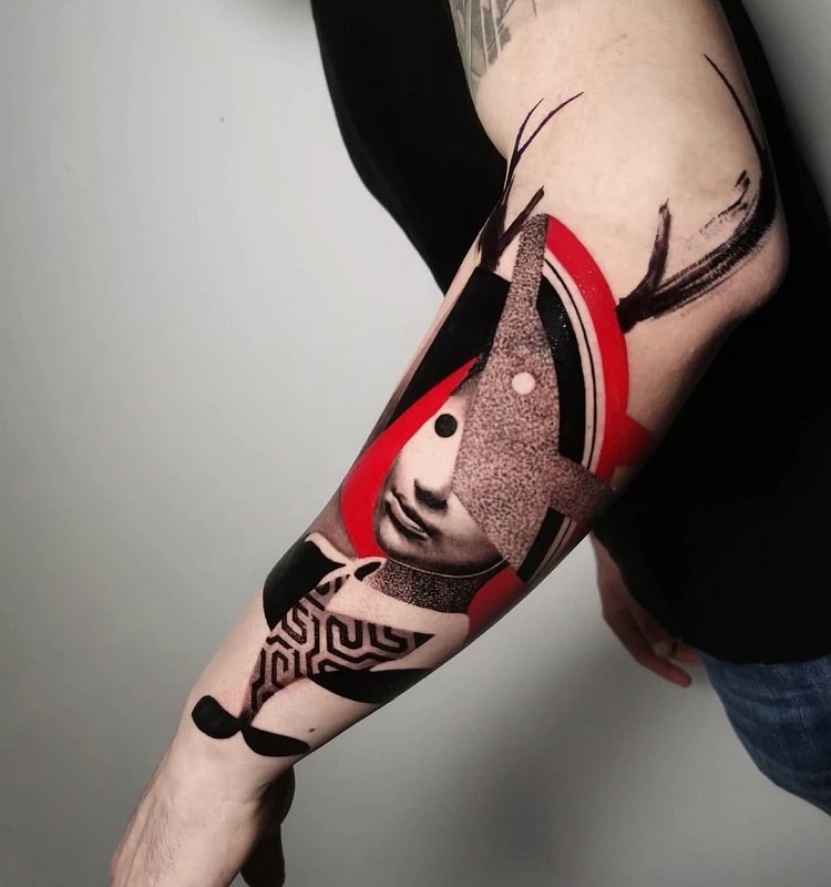 trash polka tattoo on forearm