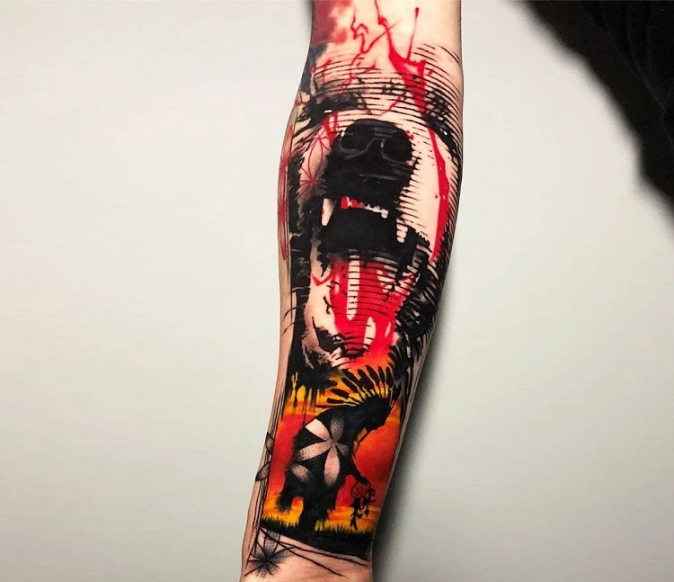 trash polka tattoo with animal motifs