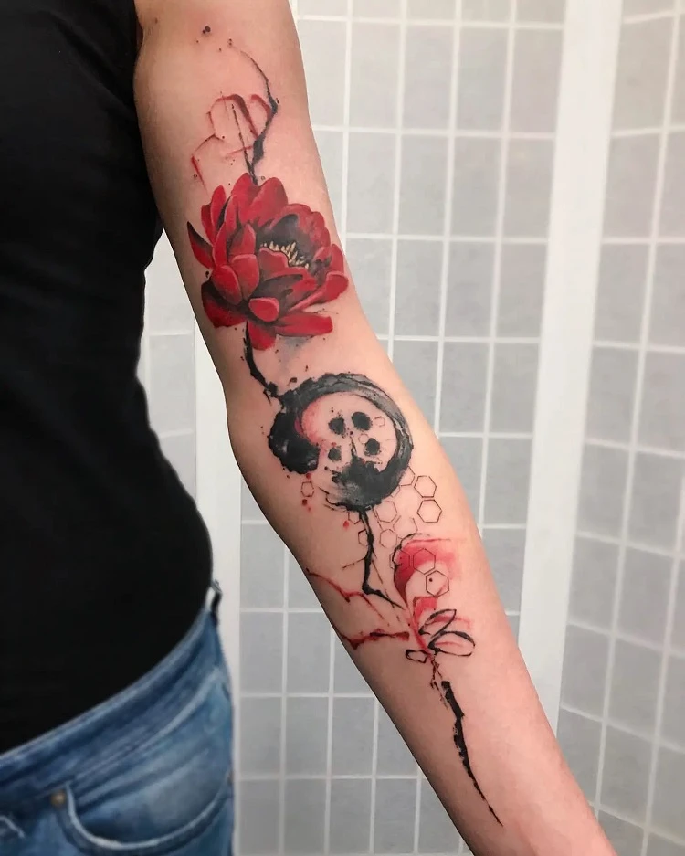trash polka tattoo woman sleeve rose