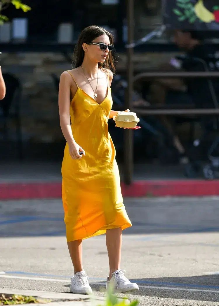 trendy summer dress slip dress midi satin dress with white sneakers emily ratajkowski style outfit