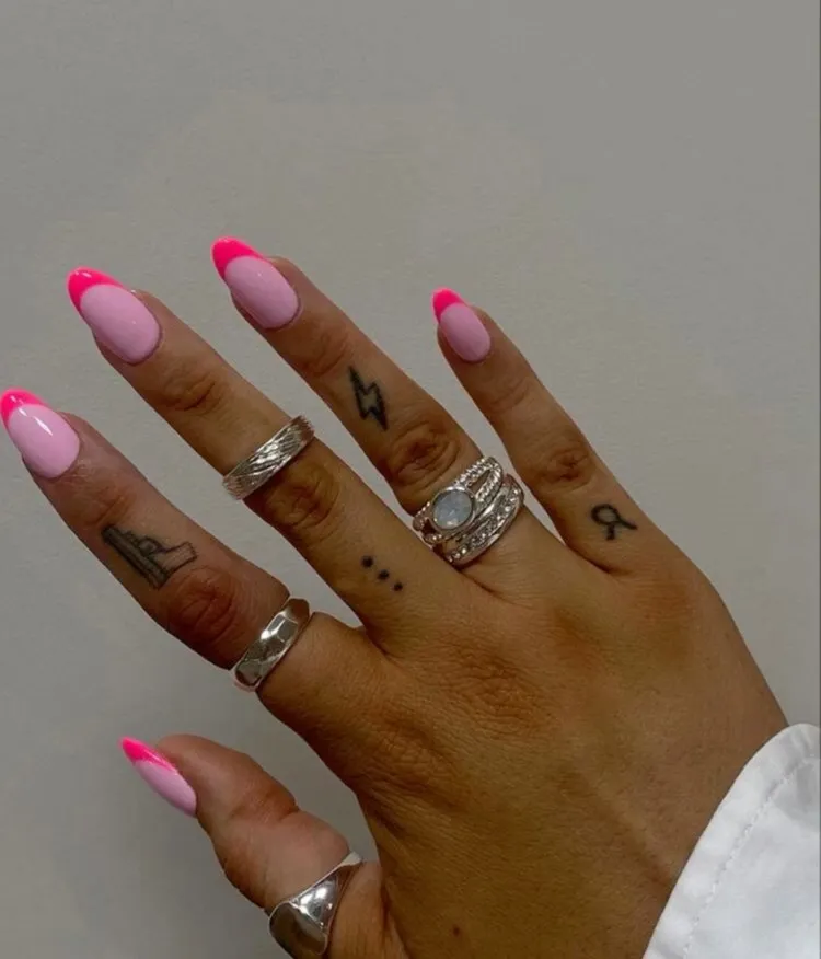 two tone barbiecore neon pink french manicure ideas 2023
