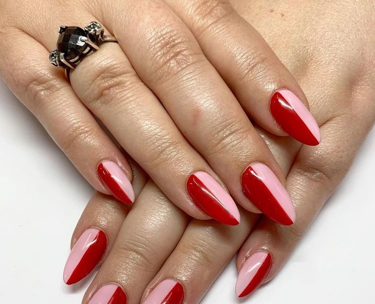two toned nails in red and pink color block manicure