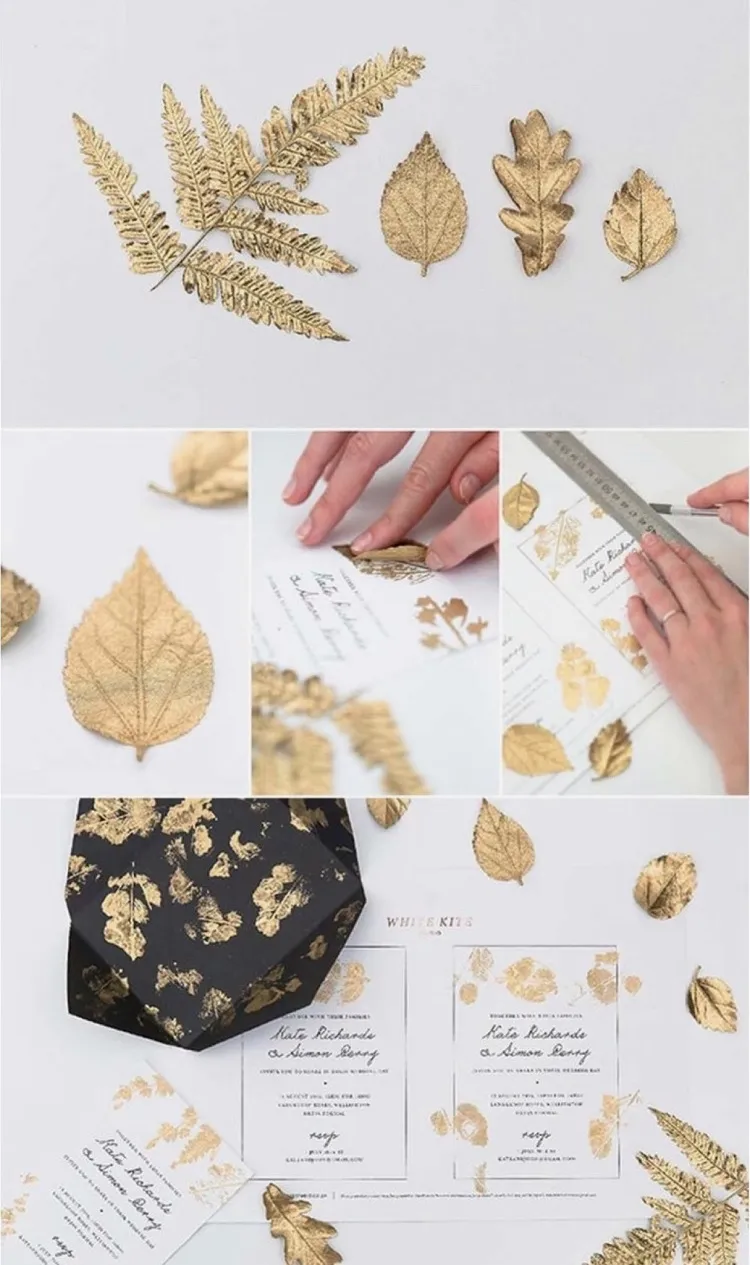diy wedding invitations with dried leaves golden