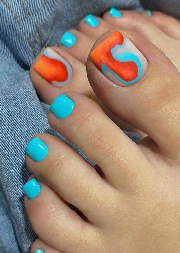 abstract french tips neon orange sky blue melting effect pedicure summer 2023