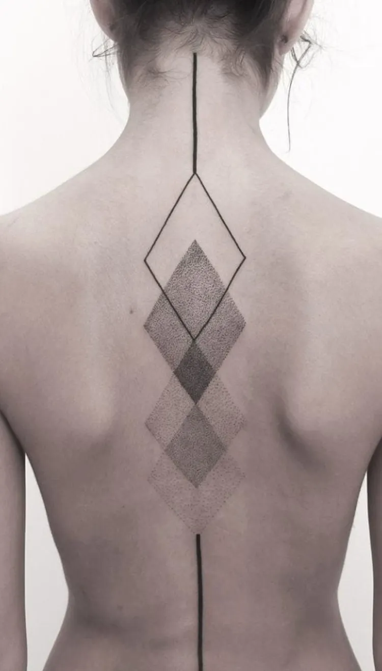 abstract geometrical spine tattoo dot work fine line design