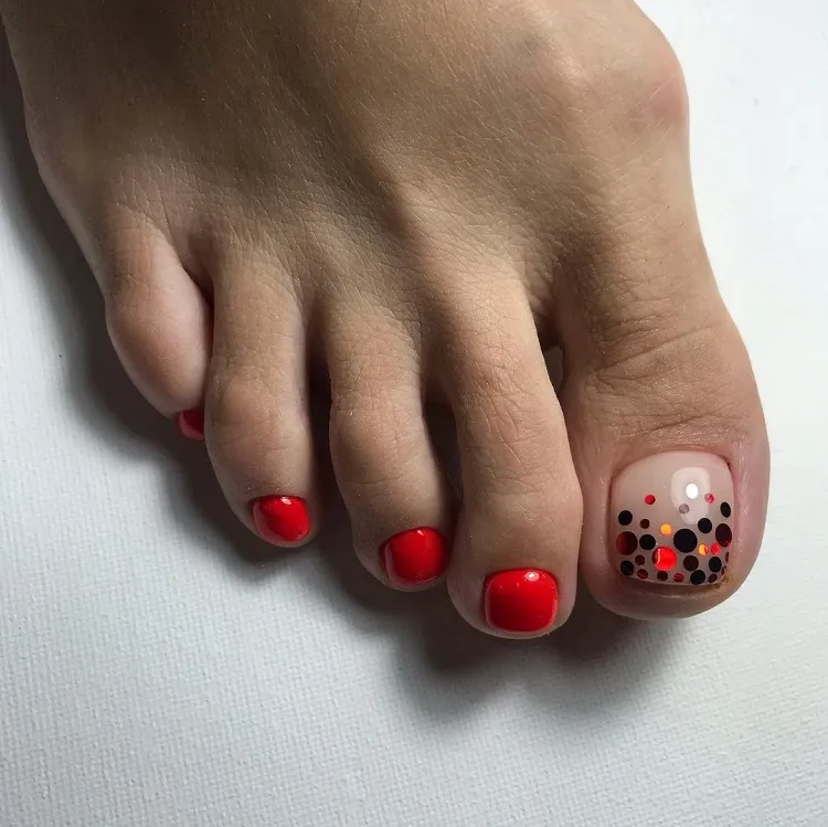abstract red polka dot french tip toe nails fall pedicure design ideas