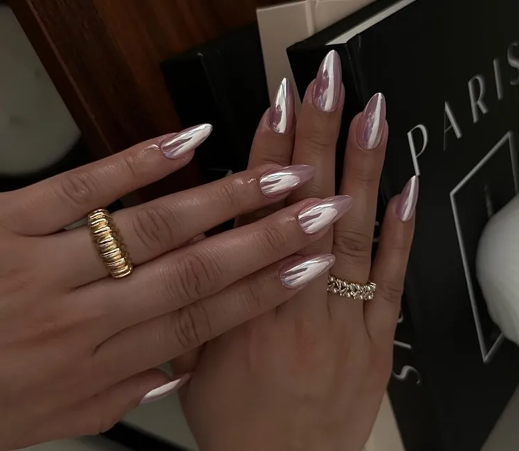 almond shaped pink chrome nails 2023