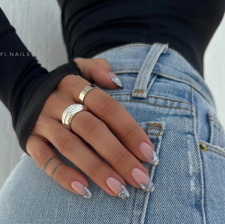 almond shaped silver chrome french tip nails