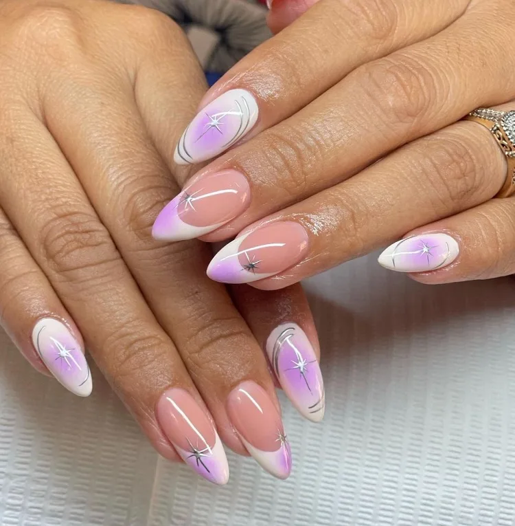 aura french tip nails with purple almond shaped virgo season manicure ideas