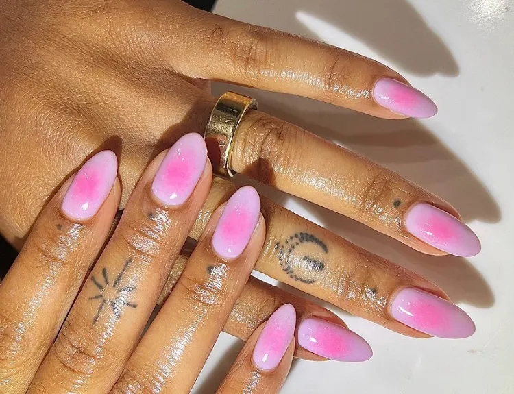 aura nails for dark skin with pink almond shaped