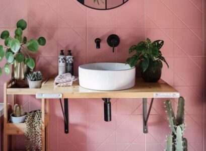 bathroom decor ideas 2023 pink tiles plants wooden storage shelves