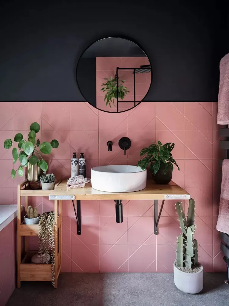 bathroom decor ideas 2023 pink tiles plants wooden storage shelves