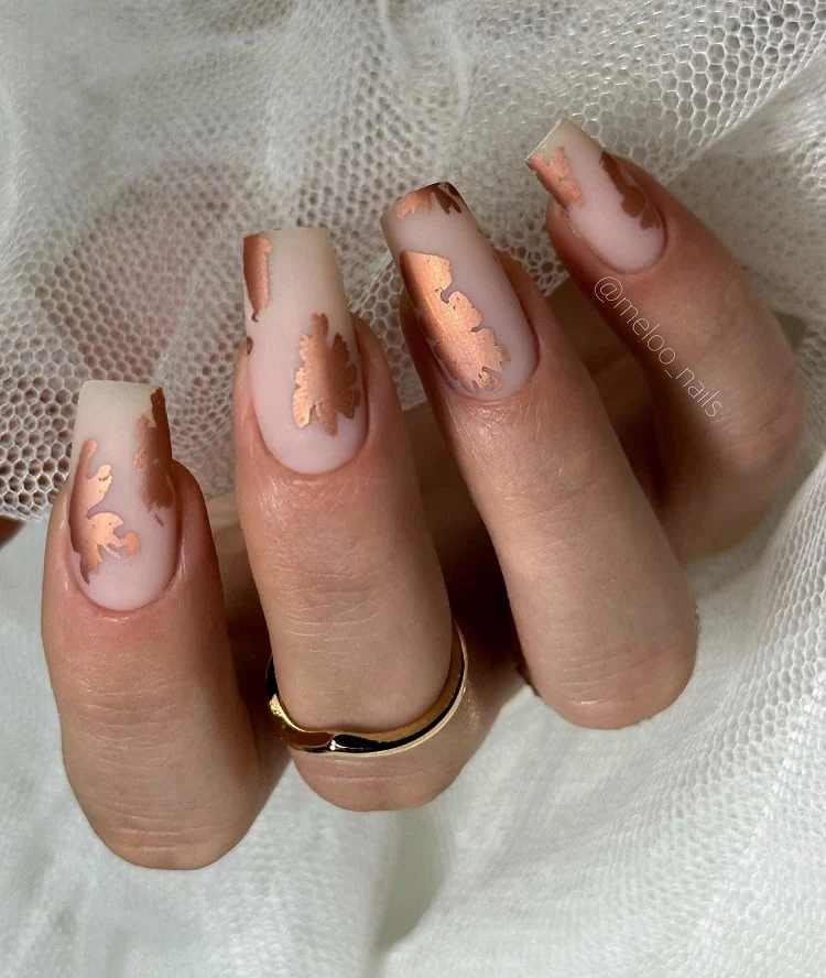 beige fall coffin nails autumn nails with leaves