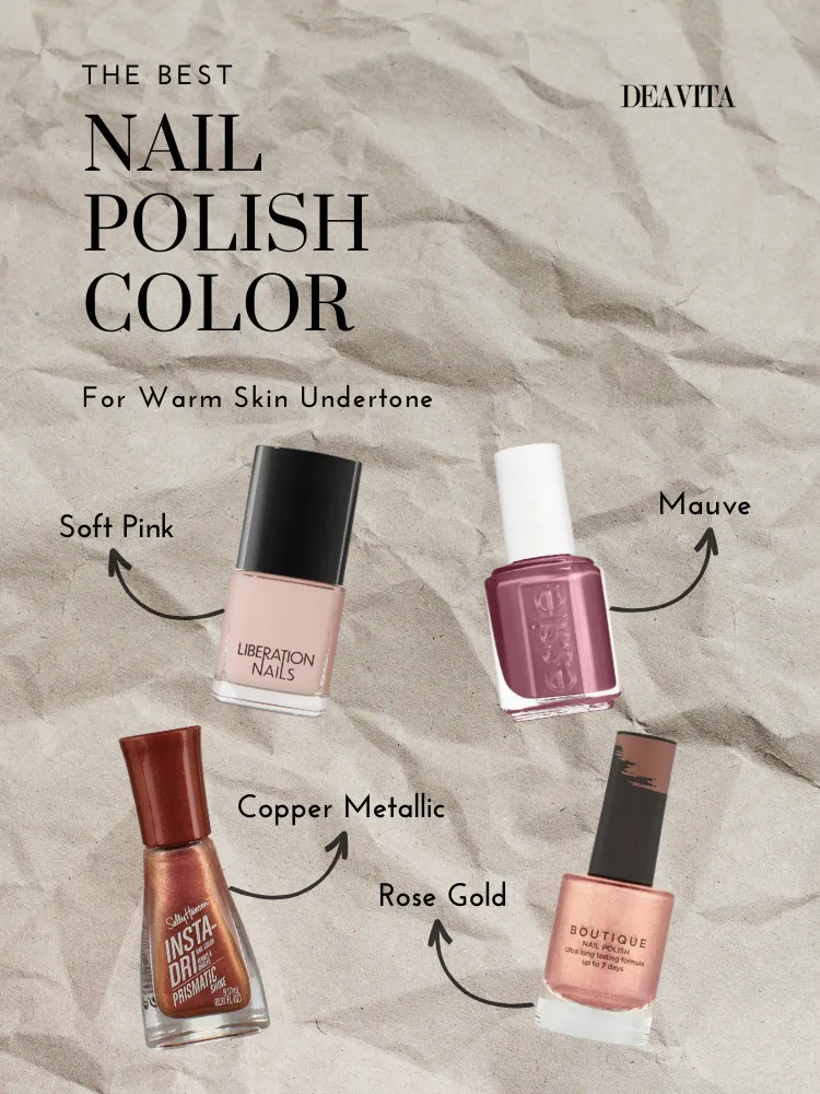 best nail polish warm skin undertone soft pink mauve copper metallic rose gold