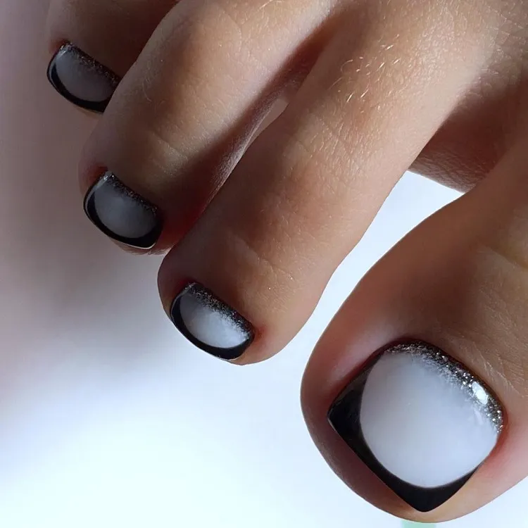 black french tip pedicure silver glitter milky white toe nails 2023