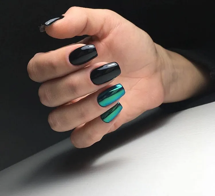 black square chrome nails gradient green metallic powder