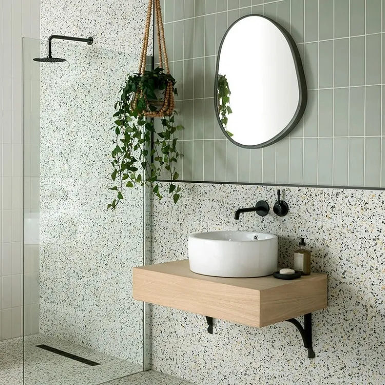 blob mirror hanging planter sage green bathroom decor ideas 2023