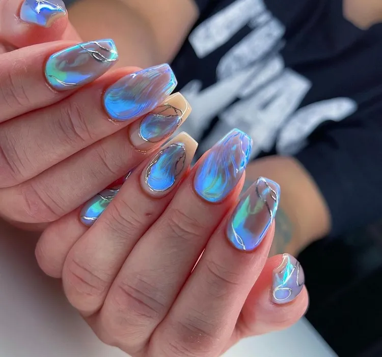 blue chrom mermaid nails magical 3d manicure changing colors