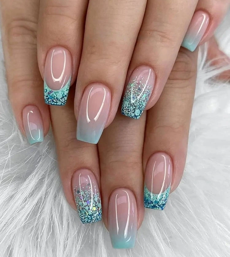 blue french ombre wedding nails with glitter ombre bridal nails