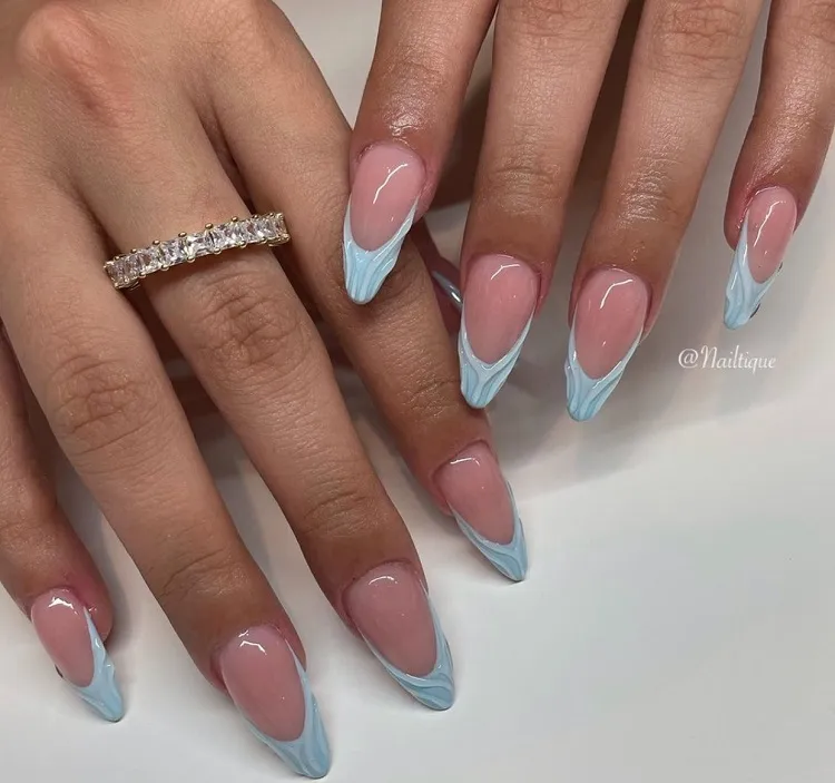 blue french tip nails 3d manicure