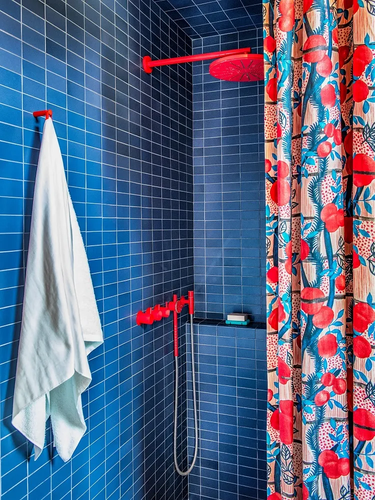 bright pink colorful shower fittings subway tile pattern shower curtain bathroom decor ideas 2023