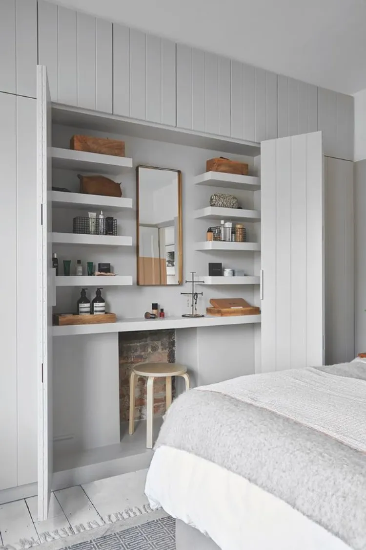built in vanity small bedroom arrangement ideas all white wooden interior