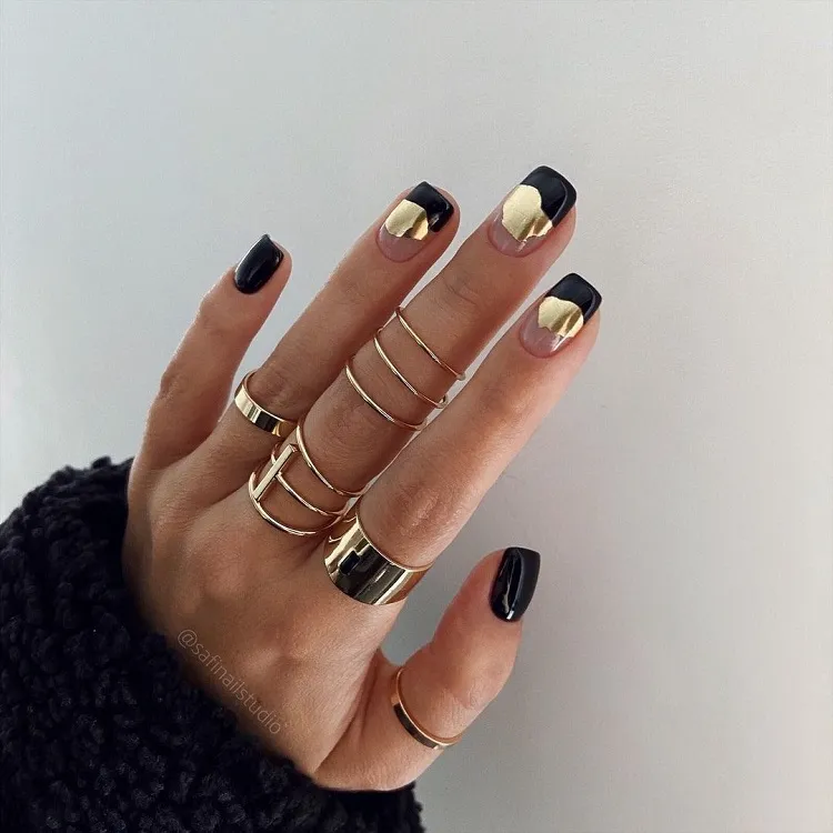 color block black gold chrome nails short square fall manicure 2023