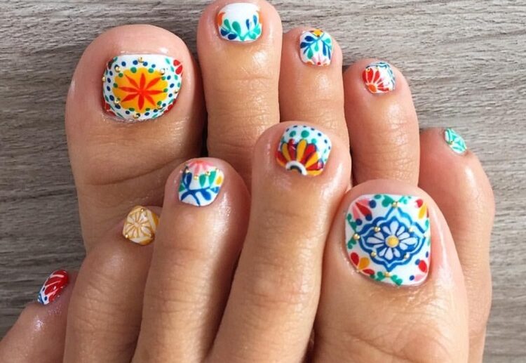 colorful azulejo tiles decorations pedicure design summer 2023