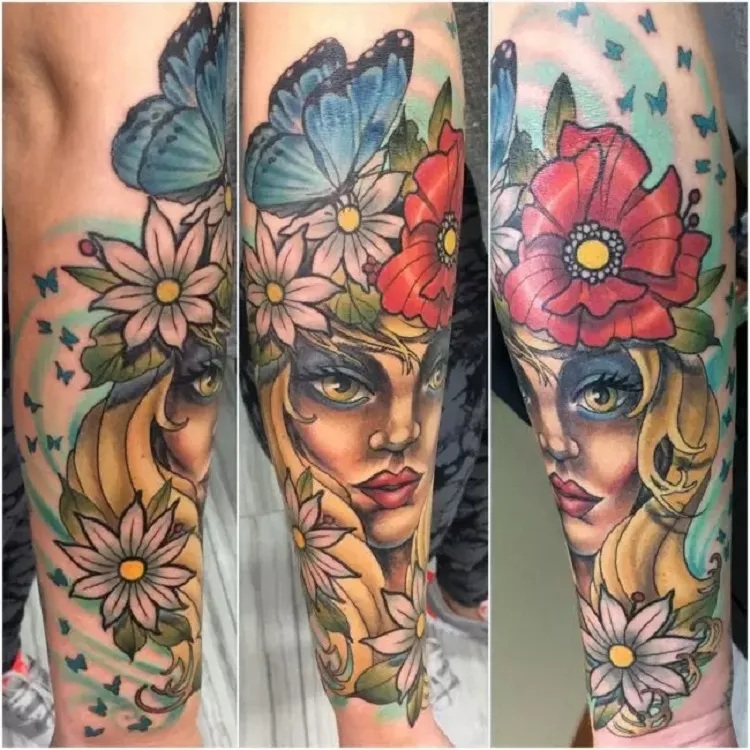 colorful female virgo tattoo 2023