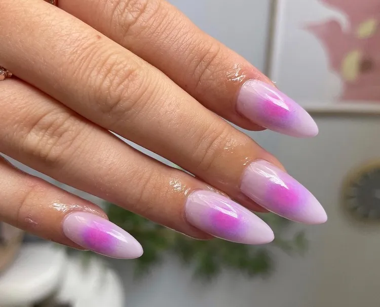 cotton candy almond shaped aura nails with purple