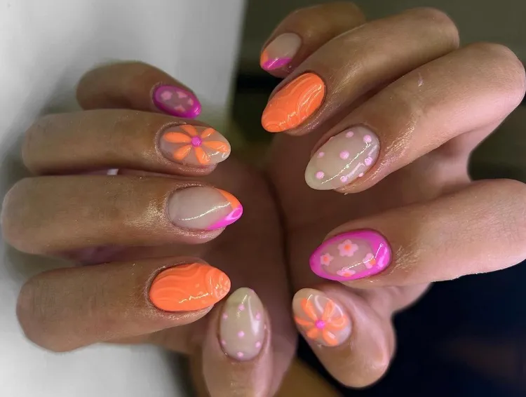cute summer 3d nail ideas 2023 pink and orange