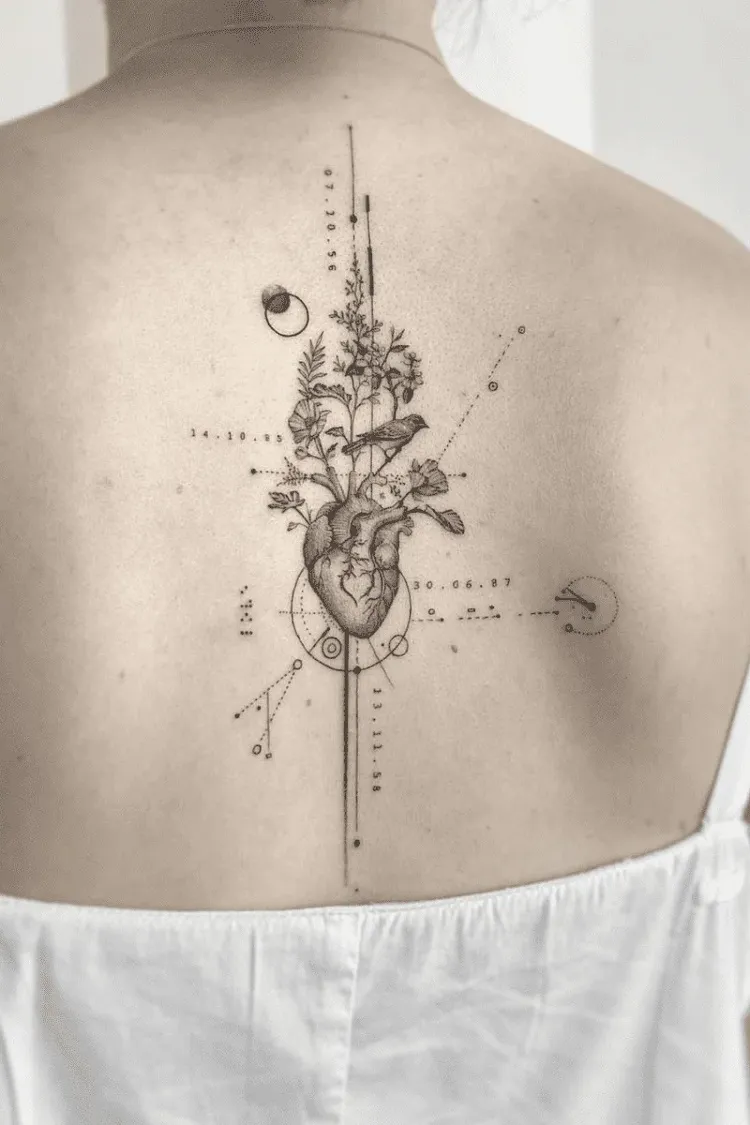 detailed minimalist single needle anatomical heart plants sparrow spine tattoo design