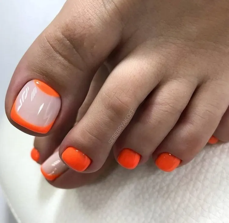 double french orange toe nails milky white base creative pedicure designs 2023