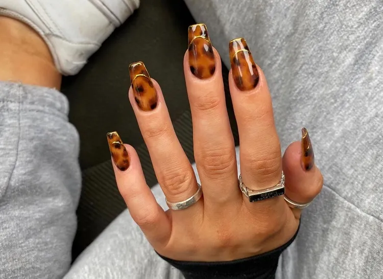 fall animal print nails with gold french manicure 2023