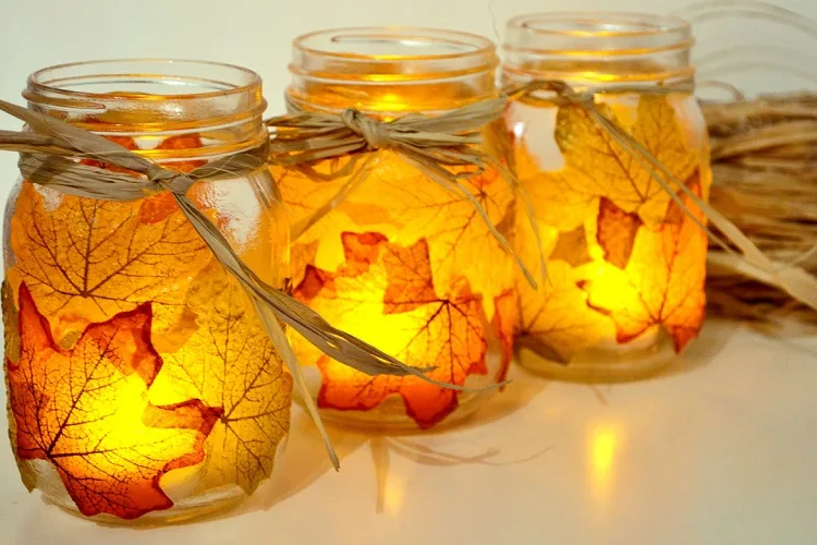 fall decoration 2023 with leafs maison jars candles