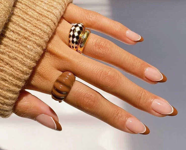 fall french tip nails 2023 latte manicure almond shaped double