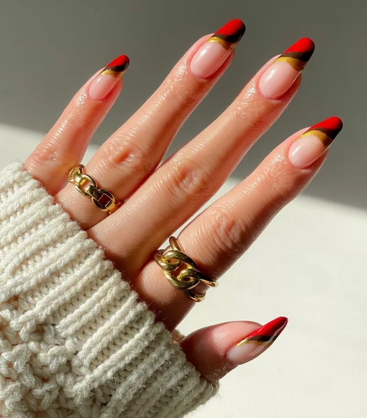 fall manicure trends red and black french nail tips