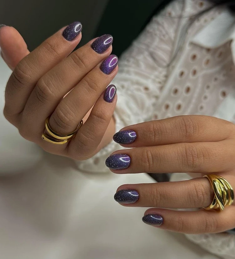 galaxy short almond shaped nails purple manicure fall 2023