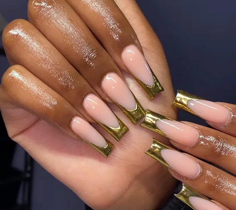 gold french tip nails for dark skin long coffin shape