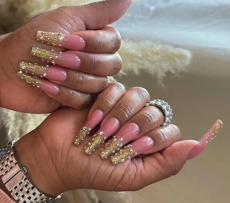 gold ombre french tip nails with 3d decoration manicure ideas 2023