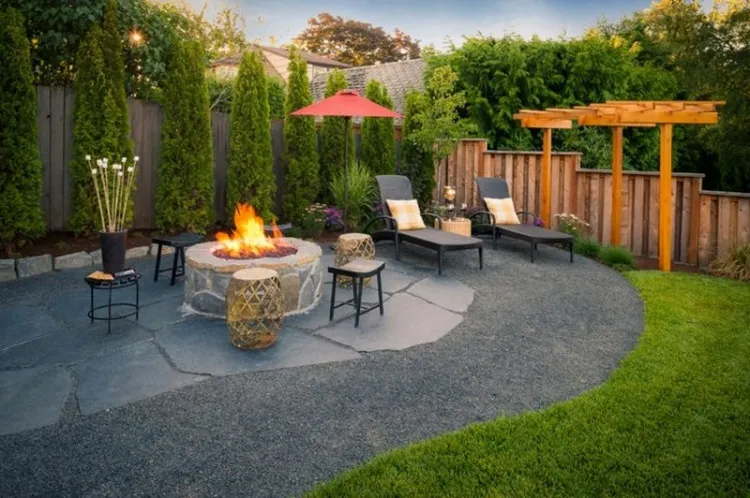 gravel concrete slabs modern semi circle patio design lounge chairs diy firepit