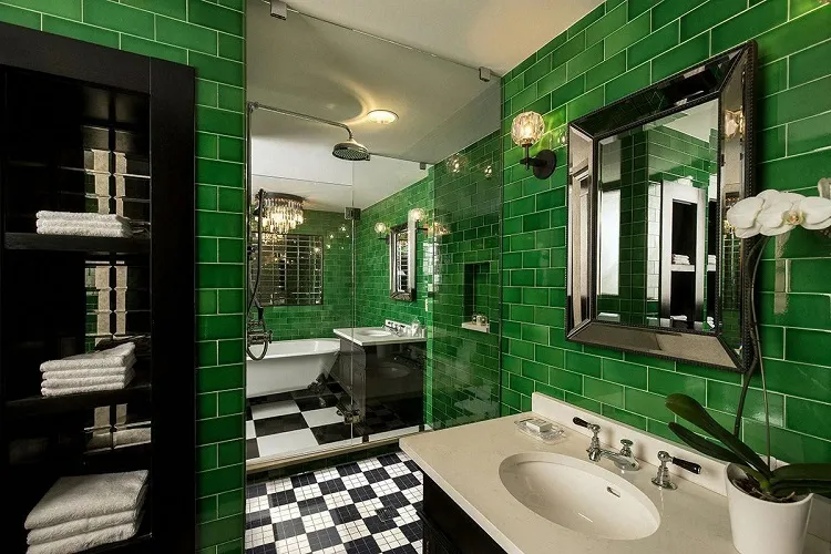 green brick pattern subway tiles bathroom design idea 2023