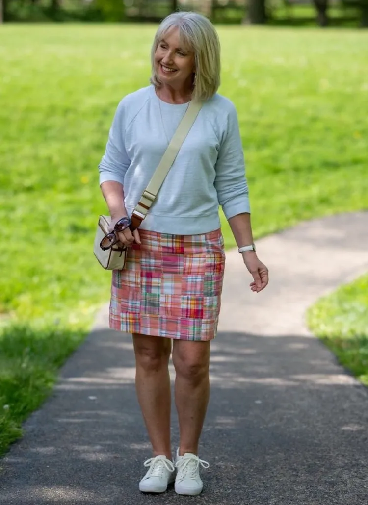how to wear a short skirt over 50 with sneakers