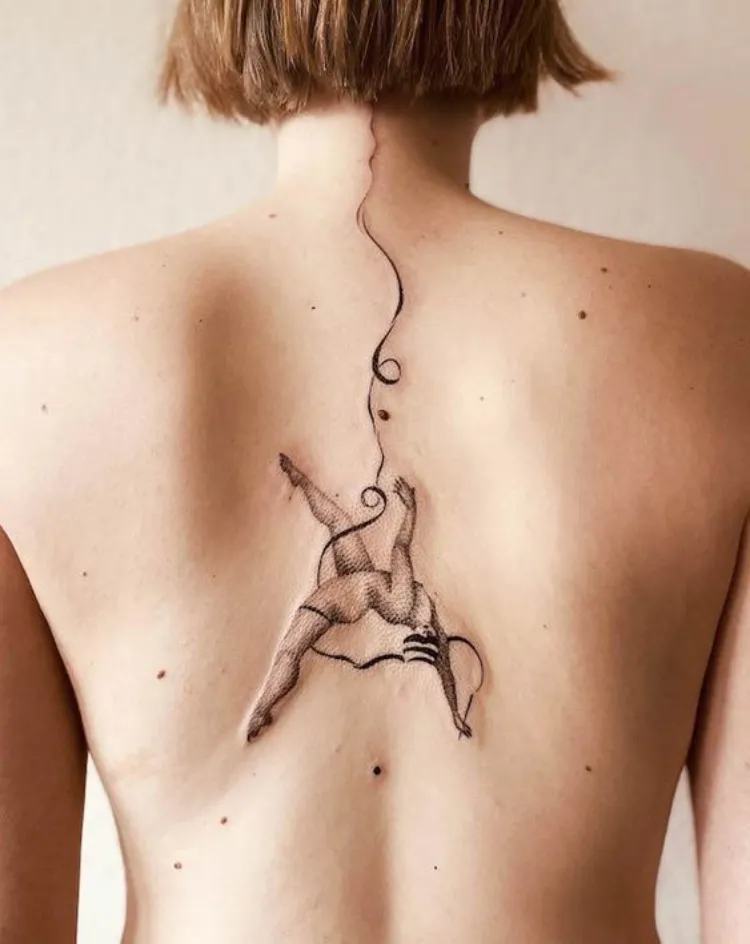 human figure dot work fine line spine tattoo design female