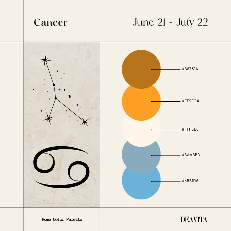 interior design color palette zodiac sign cancer sky blue orange eggshell brown