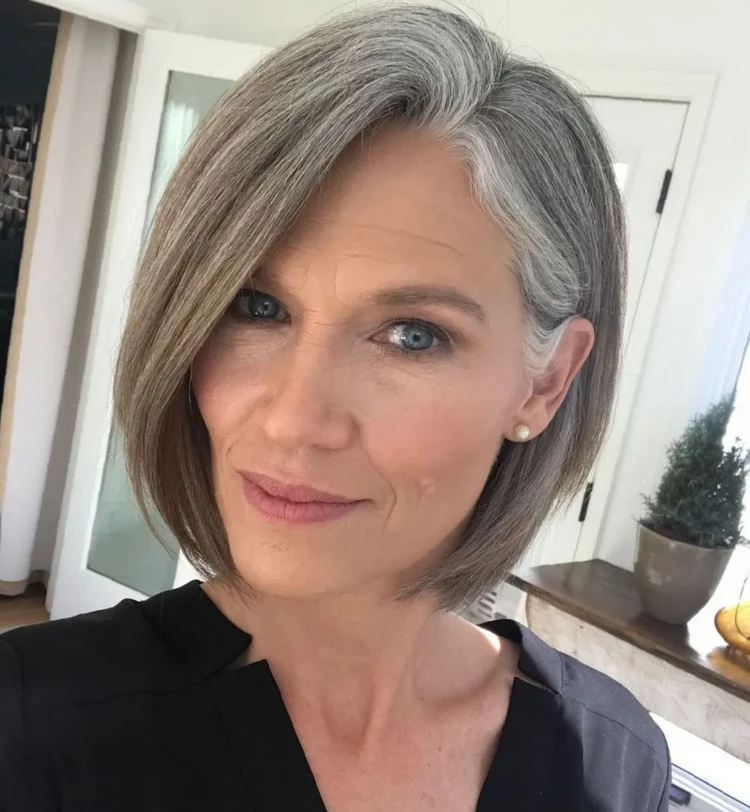 inverted bob for women over 50 salt and pepper color trend