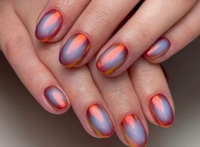 iridescent metallic aura nails short oval september nails 2023