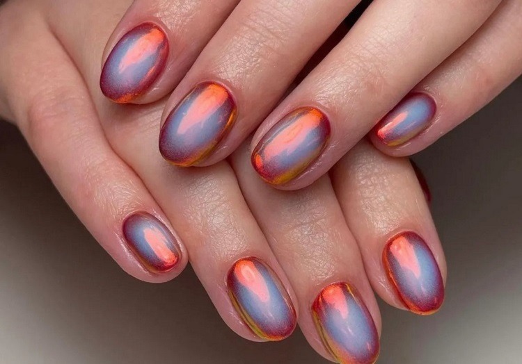 iridescent metallic aura nails short oval september nails 2023