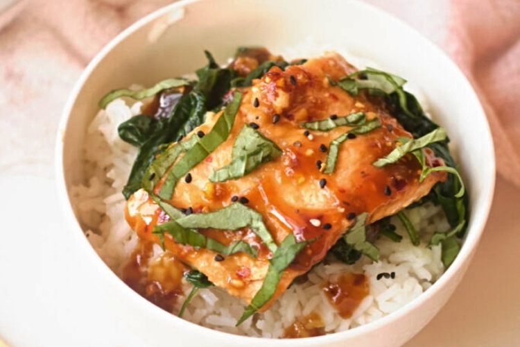 japanese salmon rice bowl spinach easy quick recipe