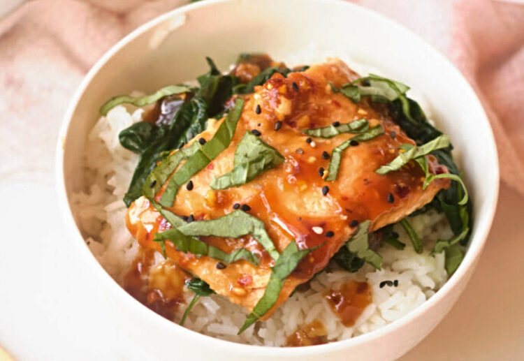 japanese salmon rice bowl spinach easy quick recipe